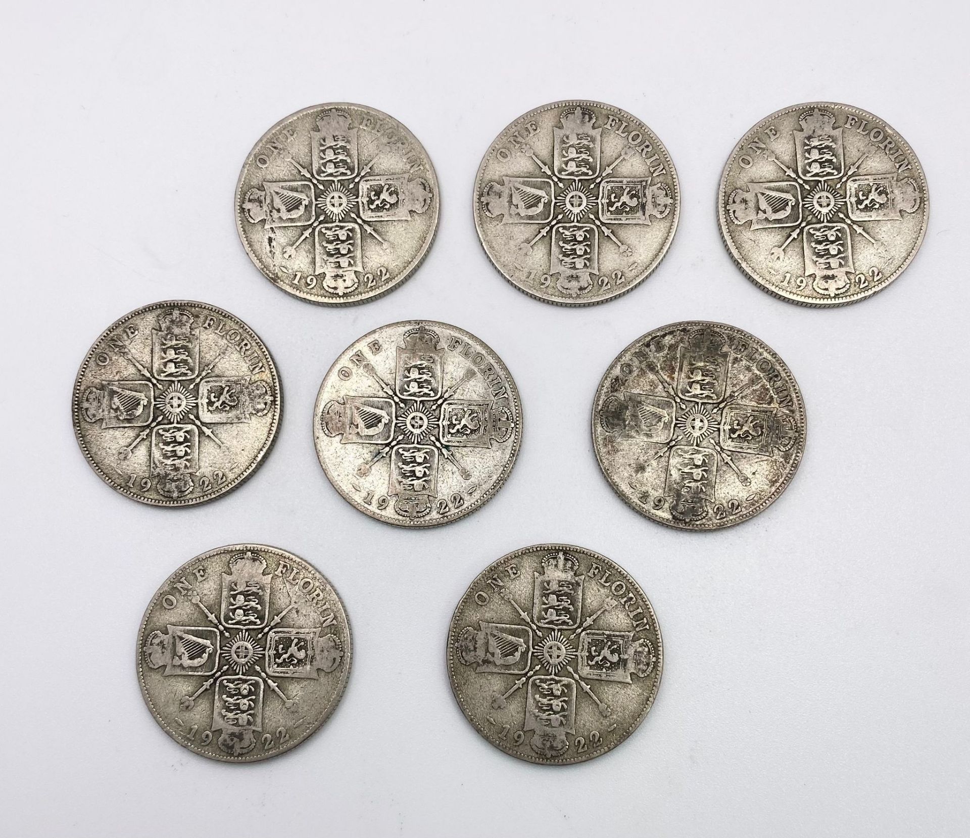 A Set of 8 British Florin Coins, All Dated 1922, Fair to Good Condition. Total Weight 88 grams