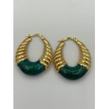 Stunning pair of 9 carat GOLD and MALACHITE EARRINGS.WIDE OVAL hoop shape with attractive GOLD twist