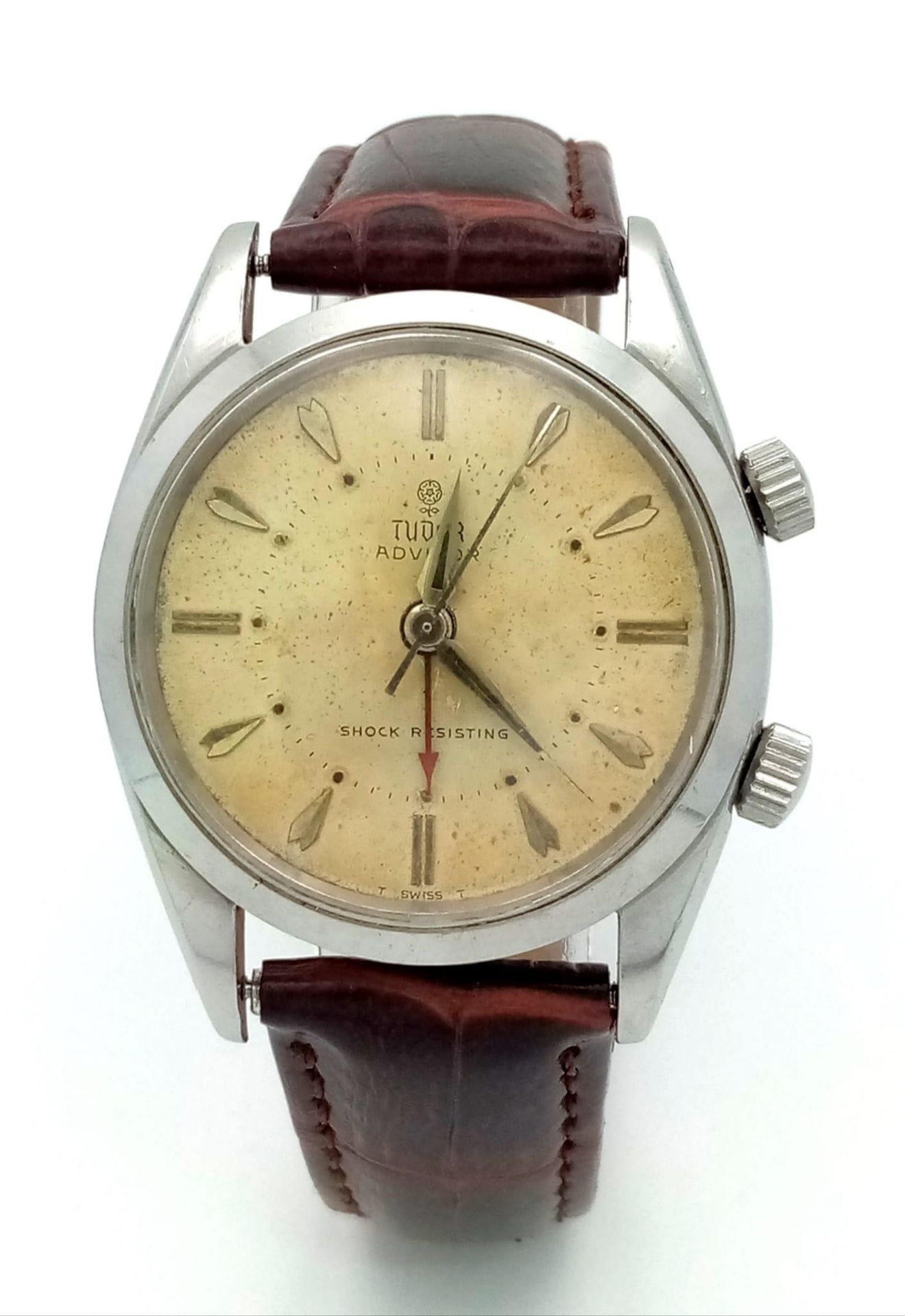 A Very Rare (1950s) Tudor Advisor Alarm Gents Watch. Brown leather strap. Steel case - 34mm. Gilt - Image 2 of 5