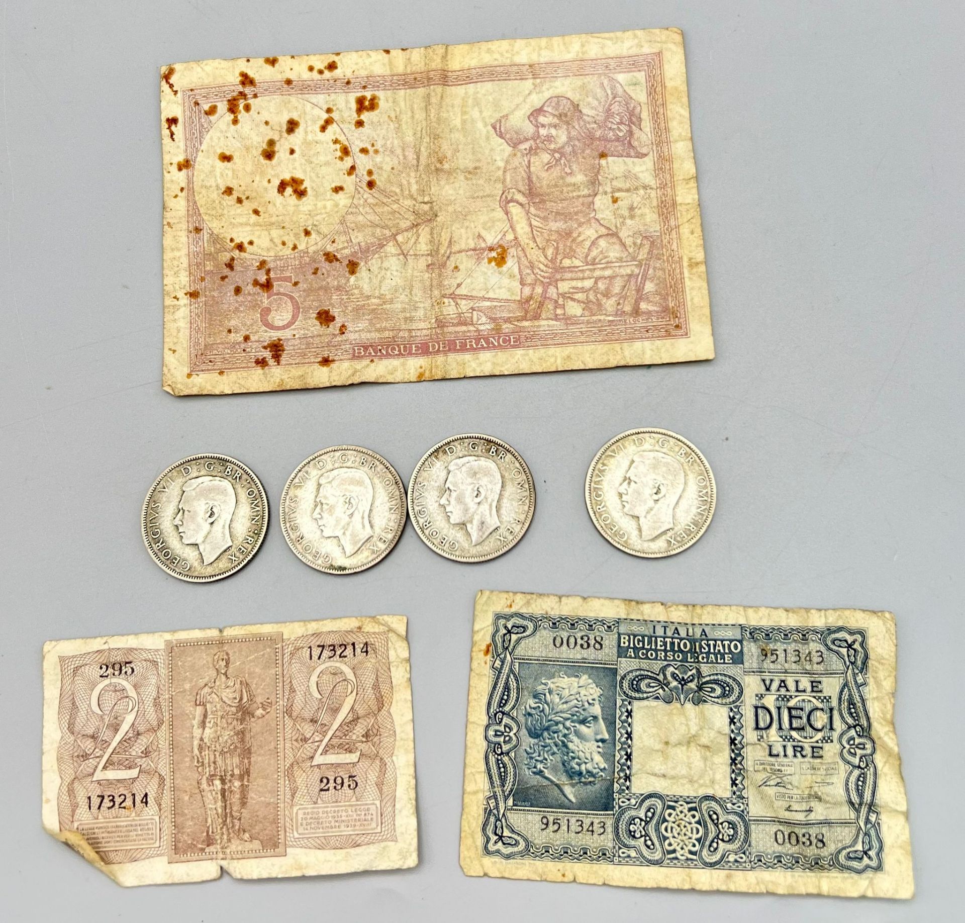 A Parcel of Four Very Fine Condition WW2 British 1942 Florins & Three WW2 French and Italian Bank - Image 2 of 2