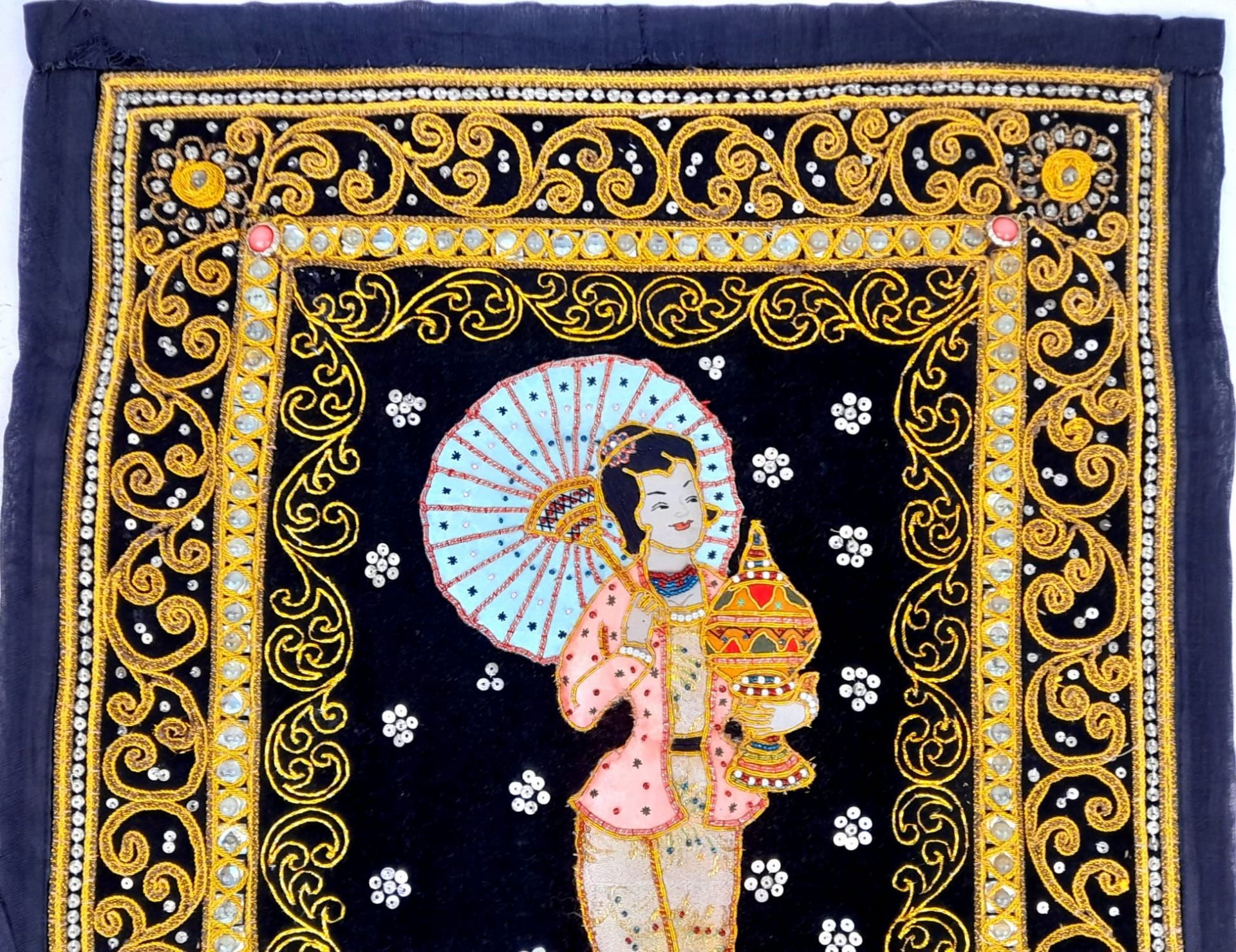 A Vintage Possibly Antique Burmese Hand-Made Embroidery. 62 x 46 cm. - Image 2 of 3