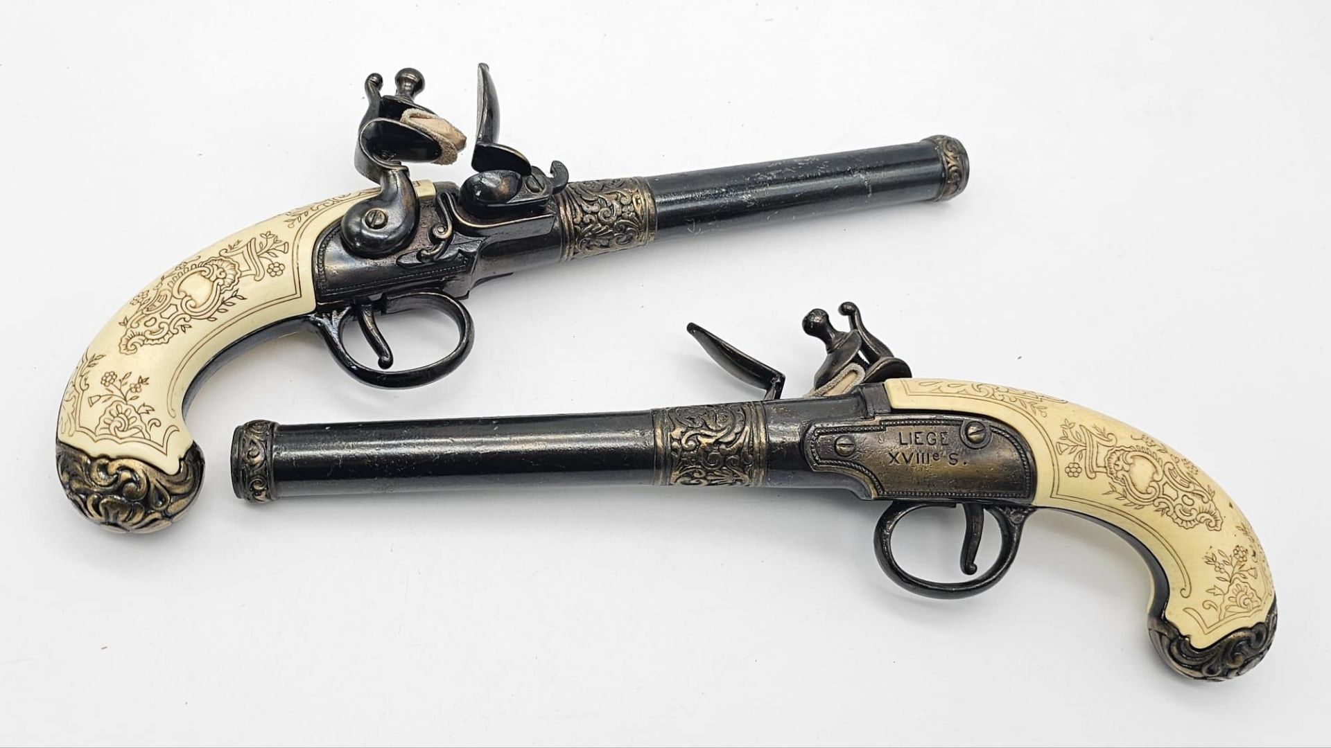 A Vintage Pair of Highly Decorative Retrospective Copies of Liege Duelling Flintlock Pistols 29cm