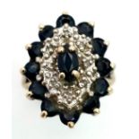 9K YELLOW GOLD DIAMOND & SAPPHIRE CLUSTER RING 3.3G SIZE I