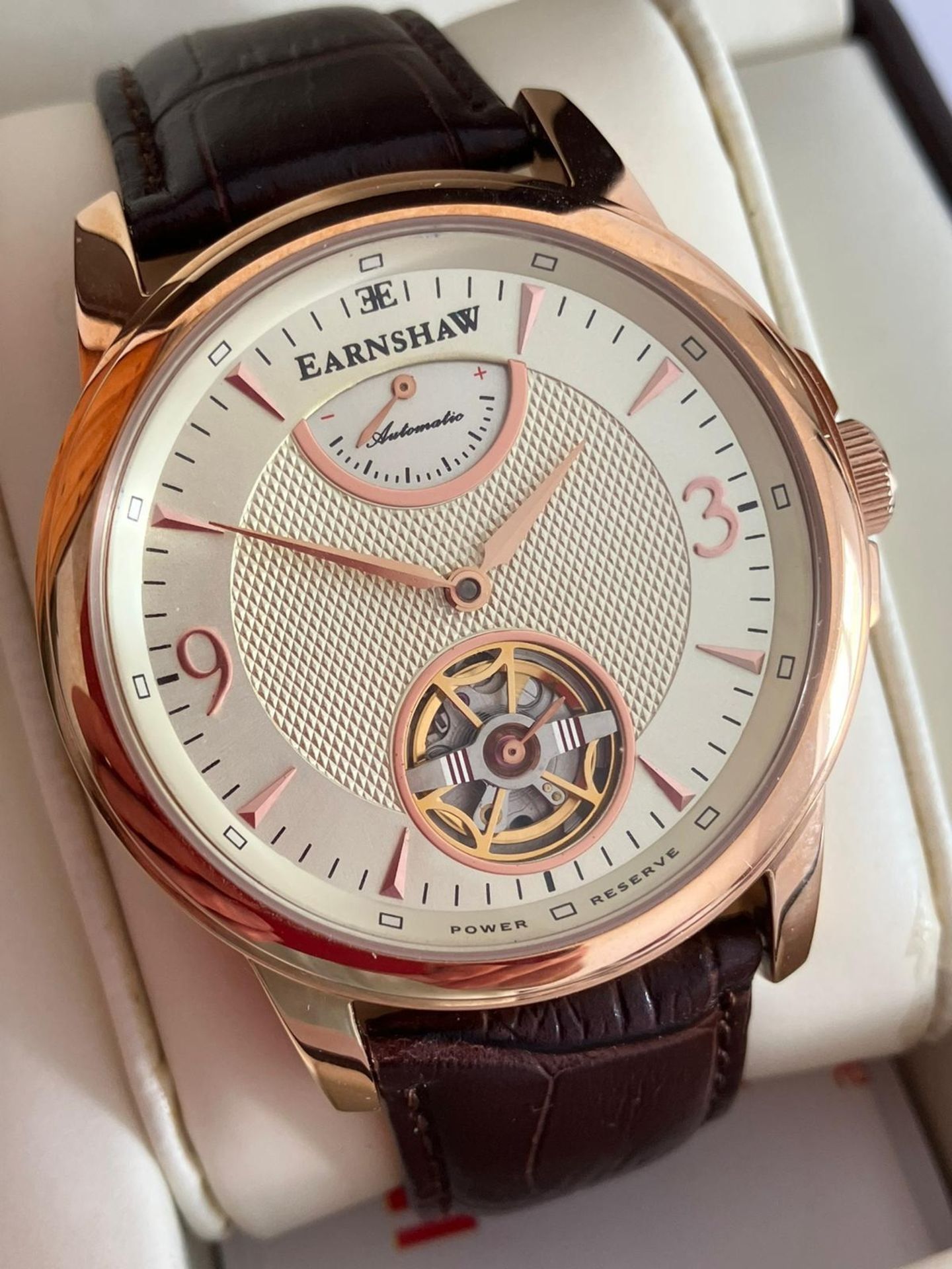 Gentlemans THOMAS EARNSHAW AUTOMATIC SKELETON WRISTWATCH ‘WB127667’. Finished in gold tone, having