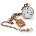 A beautifully engraved 9 K yellow gold watch with an antique Albert chain, 29 cm long, with T bar,