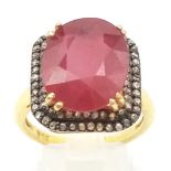 A 15ct Ruby Gemstone Ring with Diamond Surround set in 925 Gilded Silver. Diamond weight approx 1.