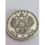 SILVER NICHOLAS II RUSSIAN ROUBLE 1913 Minted in St Petersburg to celebrate 300 years of the