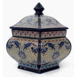 A glorious, six-sided, porcelain, lidded vase, with spectacular detailed decoration on a cobalt blue