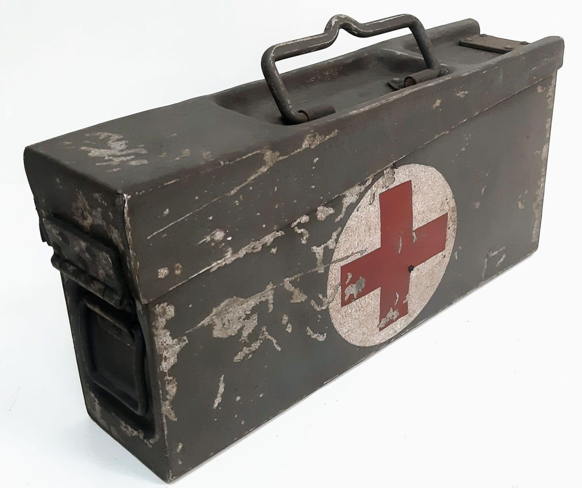 1941 Dated Aluminum MG Ammo Tin used as a First Aid Box. The lightweight tins were favoured by the