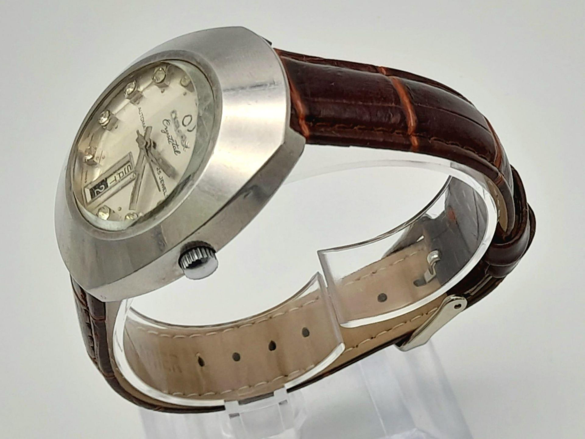 A Vintage Omax Crystal 25 Jewel Gents Watch. Brown leather strap. Stainless steel case - 36mm. - Bild 2 aus 4