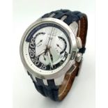 A Swatch Swiss Chronograph Quartz Gents Watch. Black leather strap. Stainless steel case - 41mm.