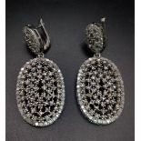 A Pair of Art Deco Style Old-Cut Diamond Cluster Drop Earrings in a 925 Silver Antique Finish.