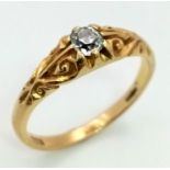 18K YELLOW GOLD DIAMOND SINGLE STONE OLD CUT RING. 0.20CT DIAMOND. TOTAL WEIGHT 4.8G. SIZE U 1/2