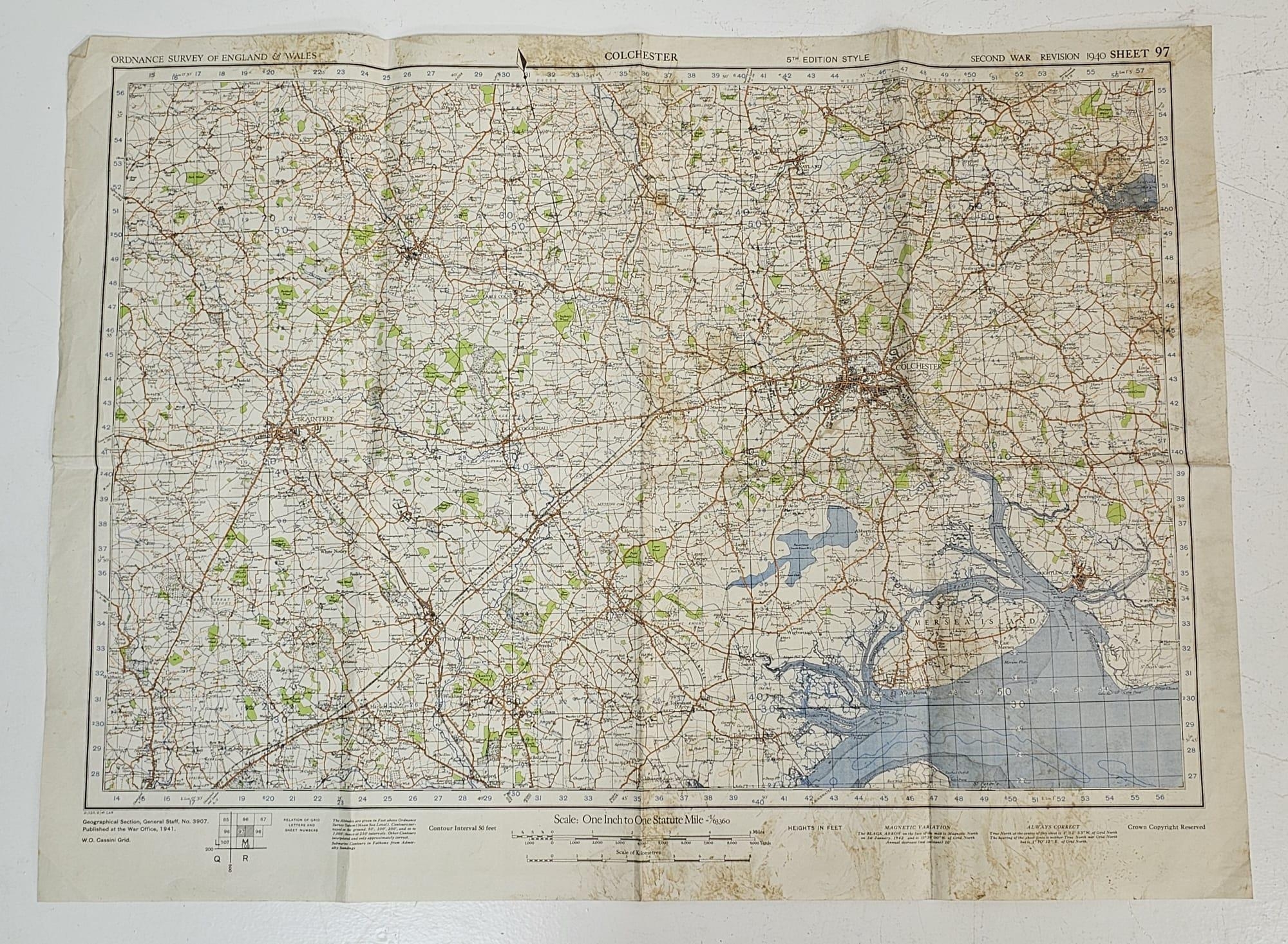 An Original WW2 1940-41 War Office Issue Map of Colchester and Surrounding Area. 56 x 74cm