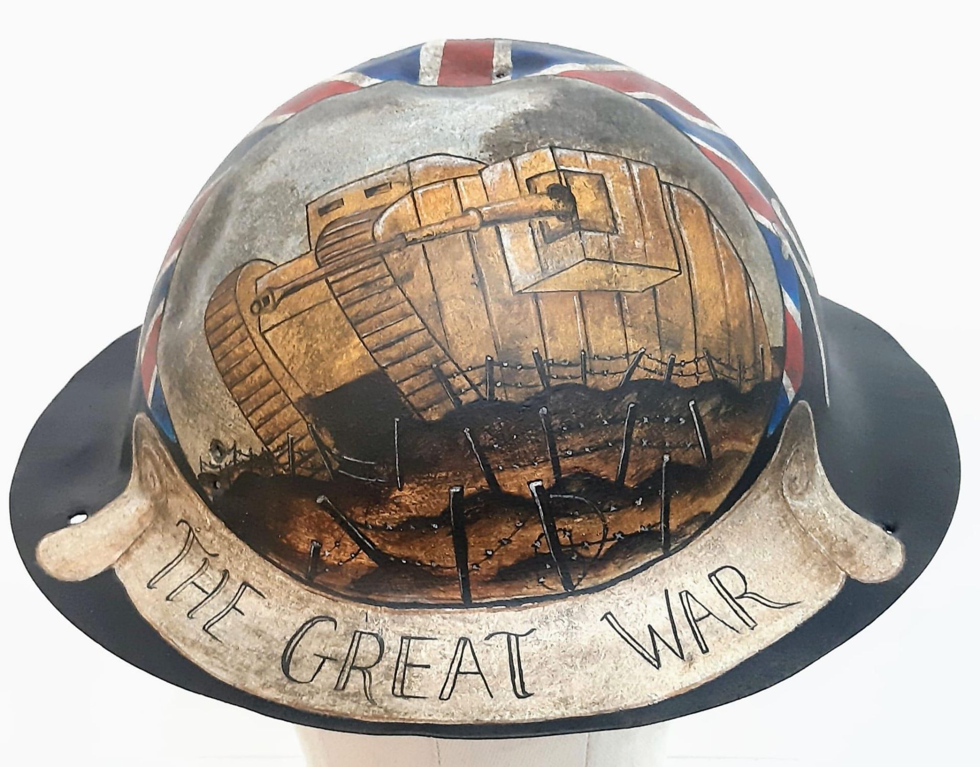 WW1 British Helmet with post War memorial Painting.