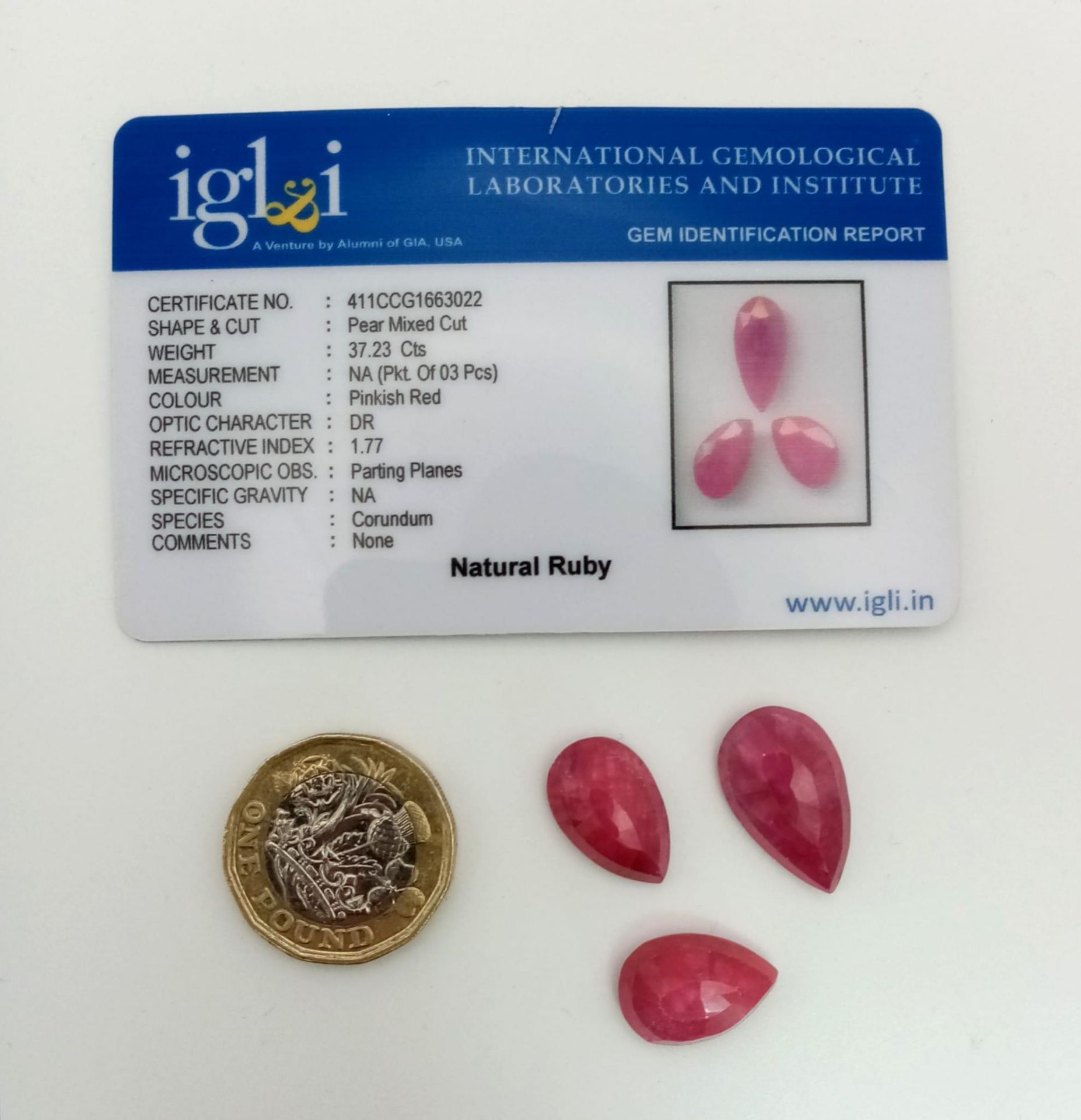 37.23 Ct Faceted Ruby Gemstones Lot of 3 Pcs, Pear Shapes, IGL&I Certified - Image 4 of 4