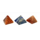 A Set of 3 Gems. 1 Lapis Lazuli Pyramid (174gms, 5.5 x 5cm Blue) and 2 Agate Pyramids (125gms, 5.5 x