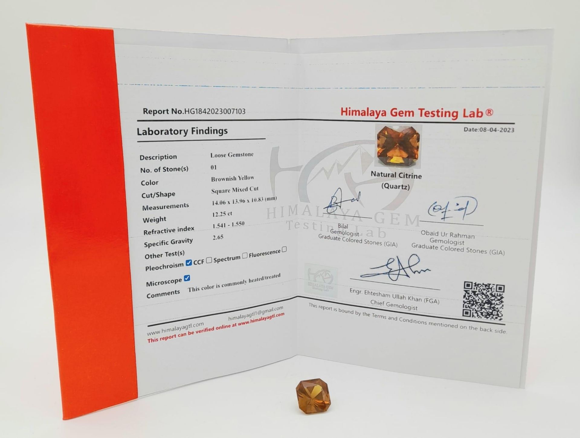 A 12.25ct Madeiran Citrine Gemstone. HGTL Certified. - Image 3 of 3