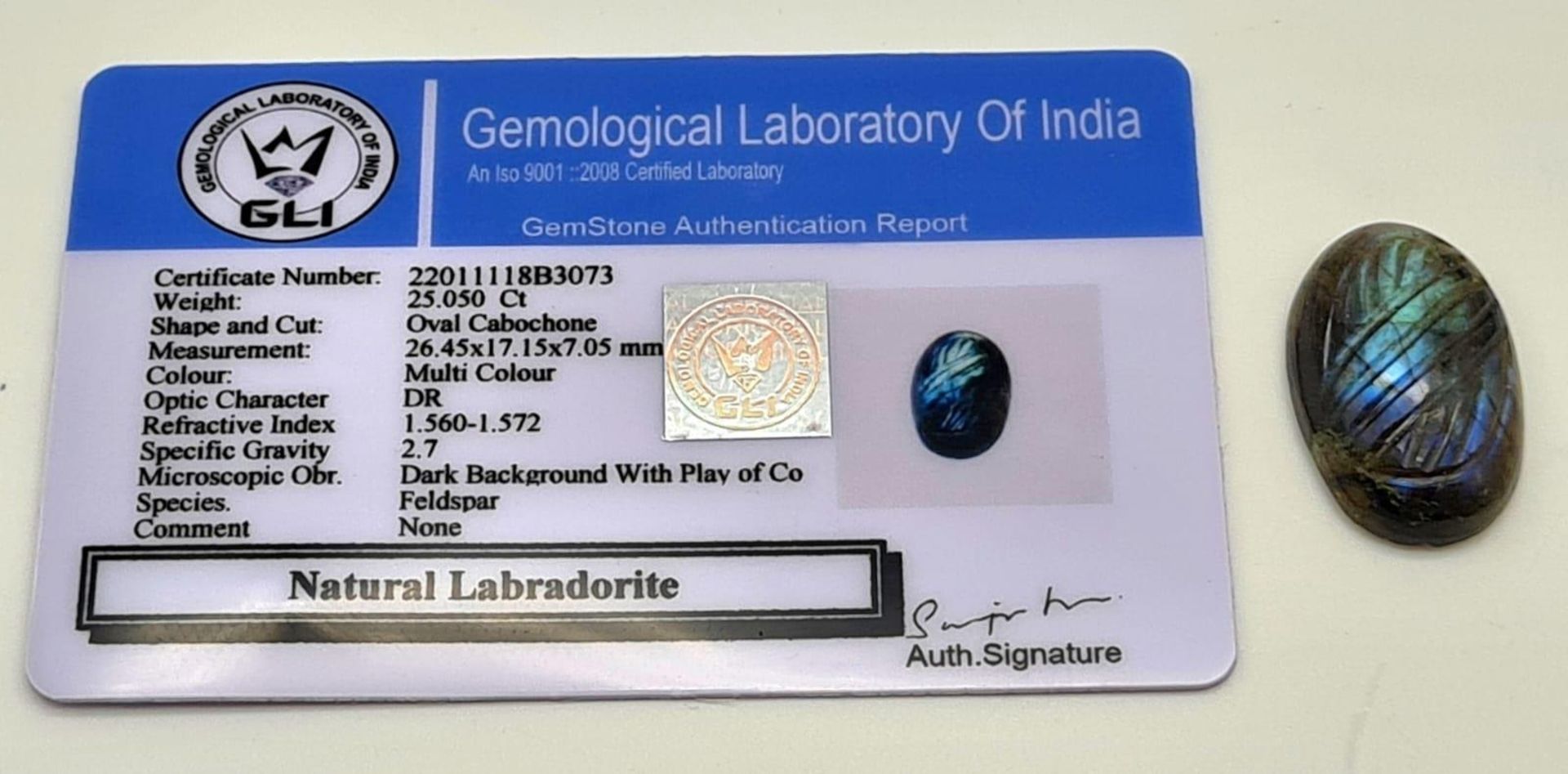 25.05 Ct Carved Labradorite, Oval Shape, GLI Certified - Bild 4 aus 4
