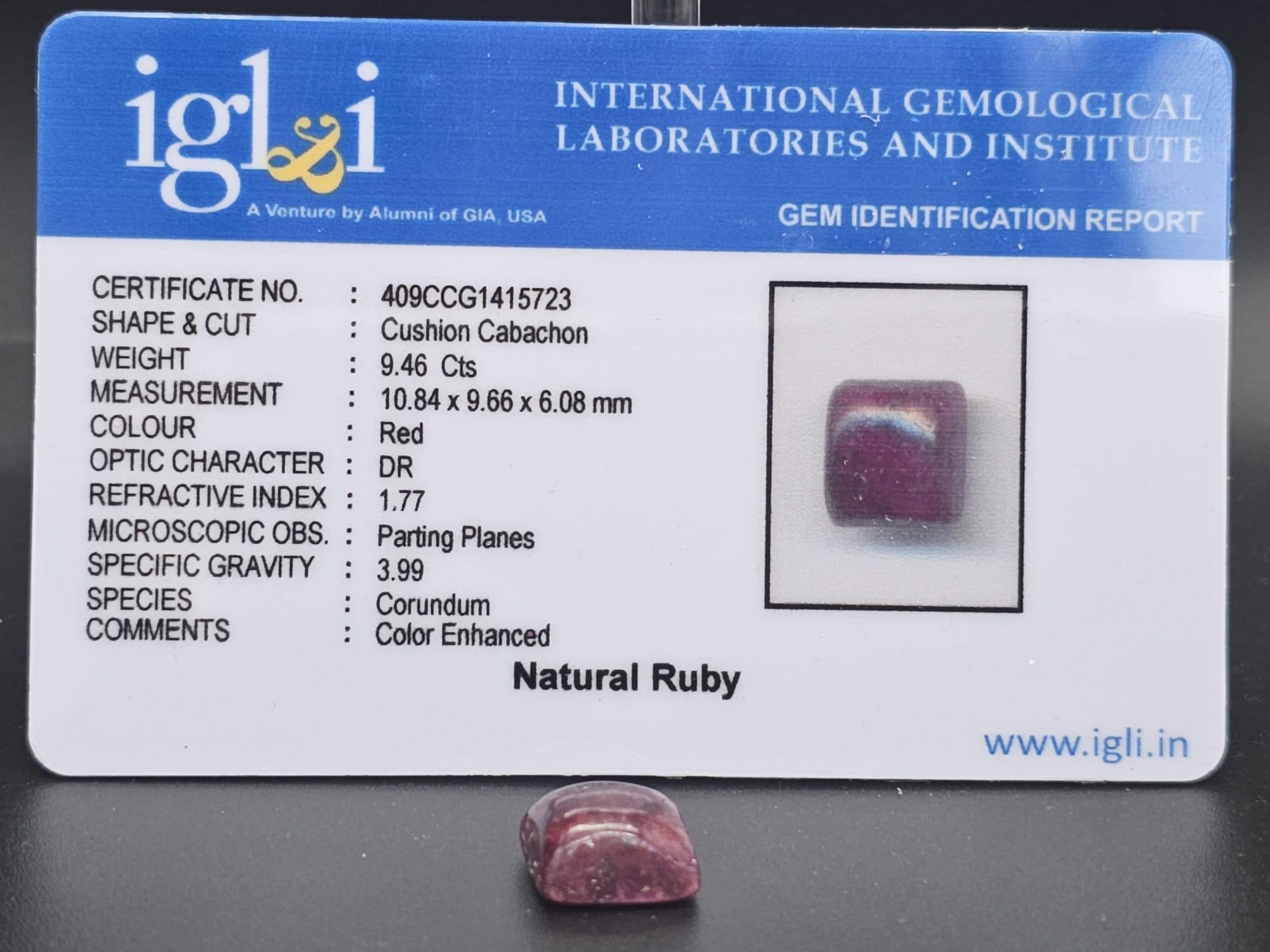 9.46Ct Cabochon, Ruby, Cushion Shape, Earth Mined Colour Enhanced. IGL&I Certified. - Image 6 of 6