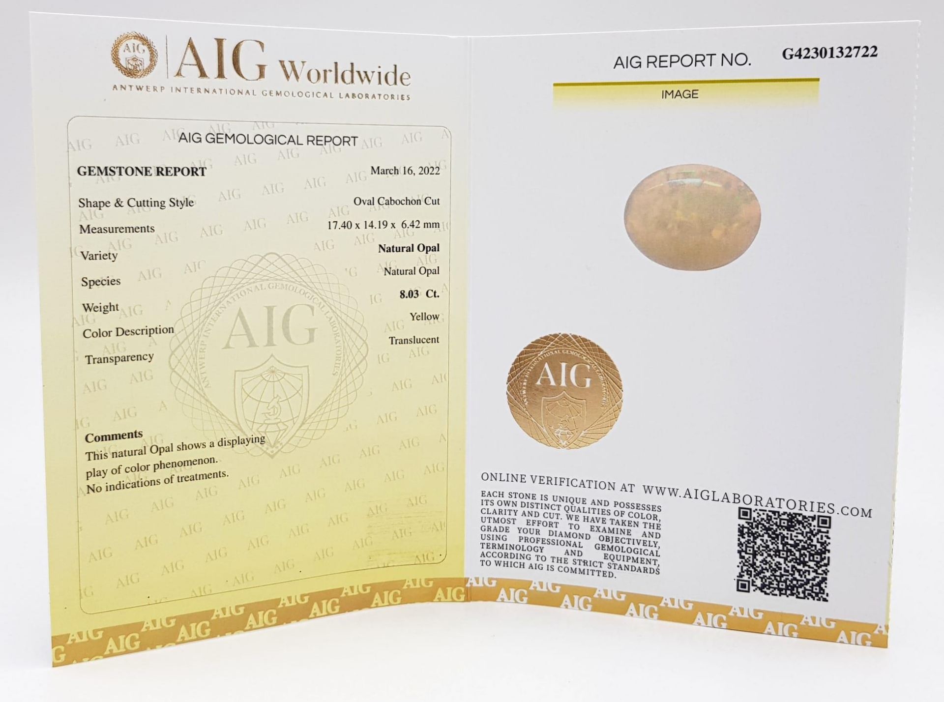 8.03ct Ethiopian Opal Gemstone Sealed with AIG Milan Italian Certification - Image 3 of 4