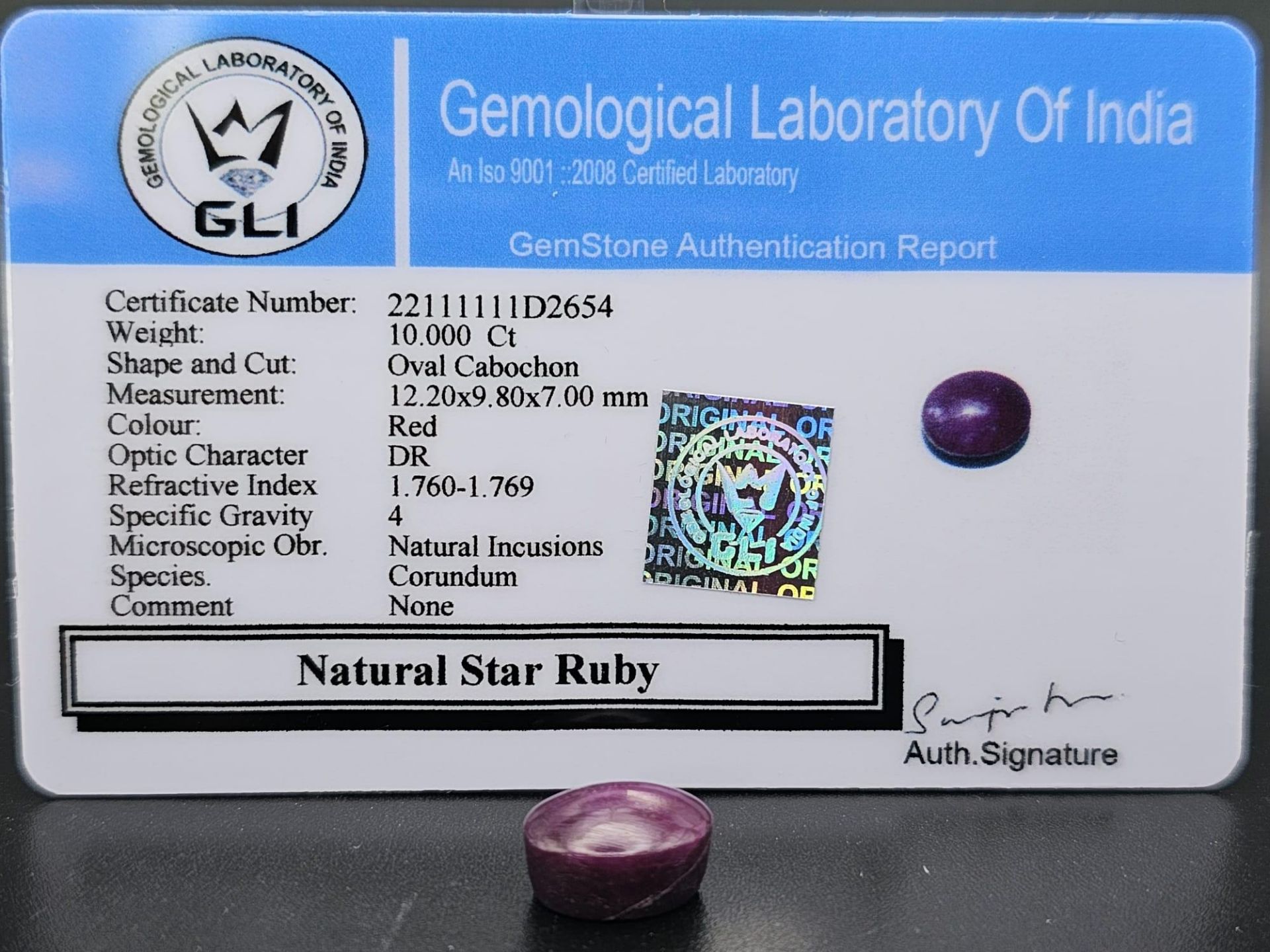 A 10ct African Untreated Natural Star Ruby. Oval Shaped. Comes with a GLI Certificate. - Bild 3 aus 3