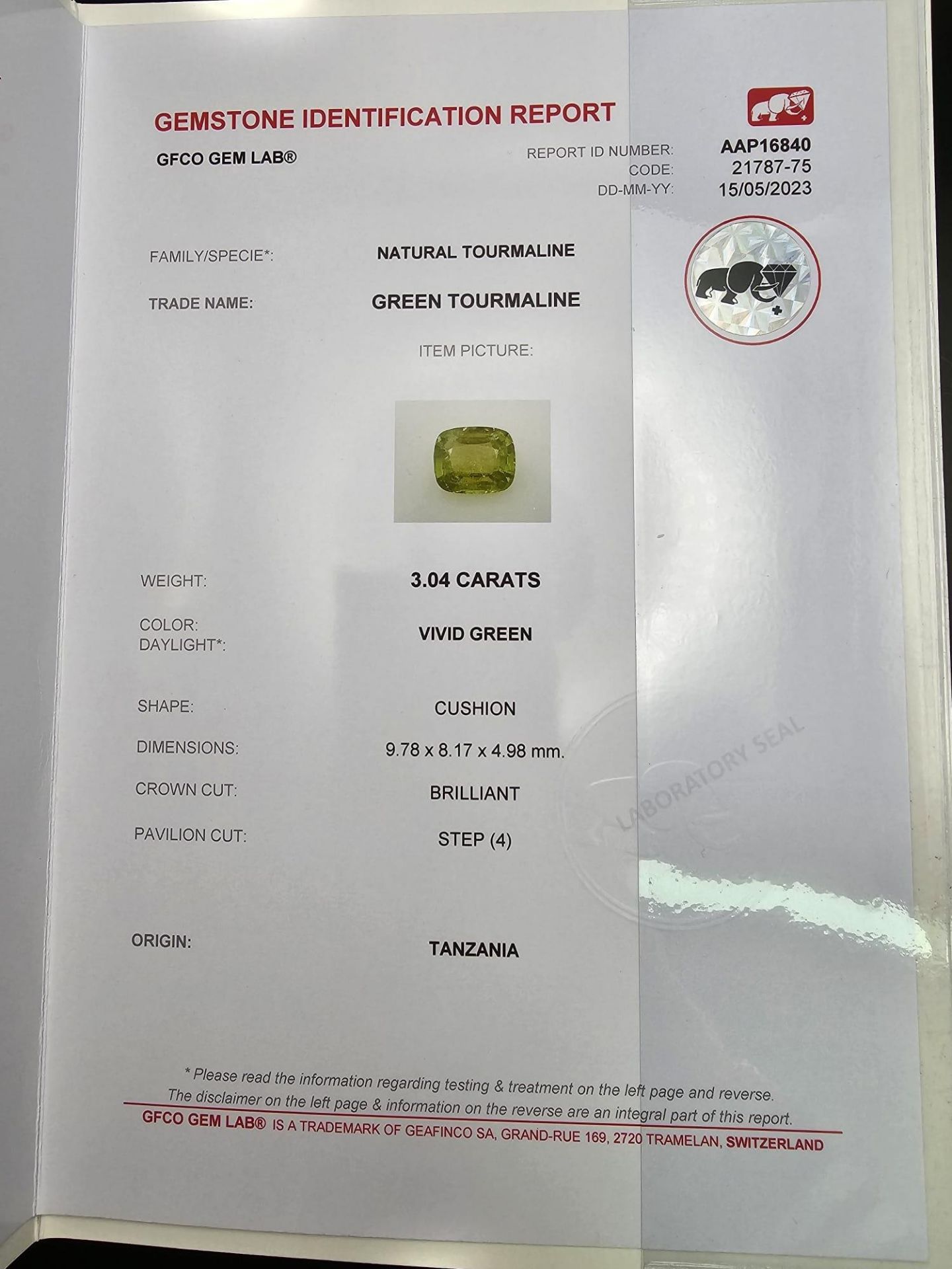 A 3.04ct Rare Green Tanzanian Tourmaline Gemstone. GFCO of Switzerland Certified. - Image 4 of 5