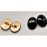 Rare early Victorian English memorial onyx and gold oval cuff links - marked 10K gold. 9.71g total