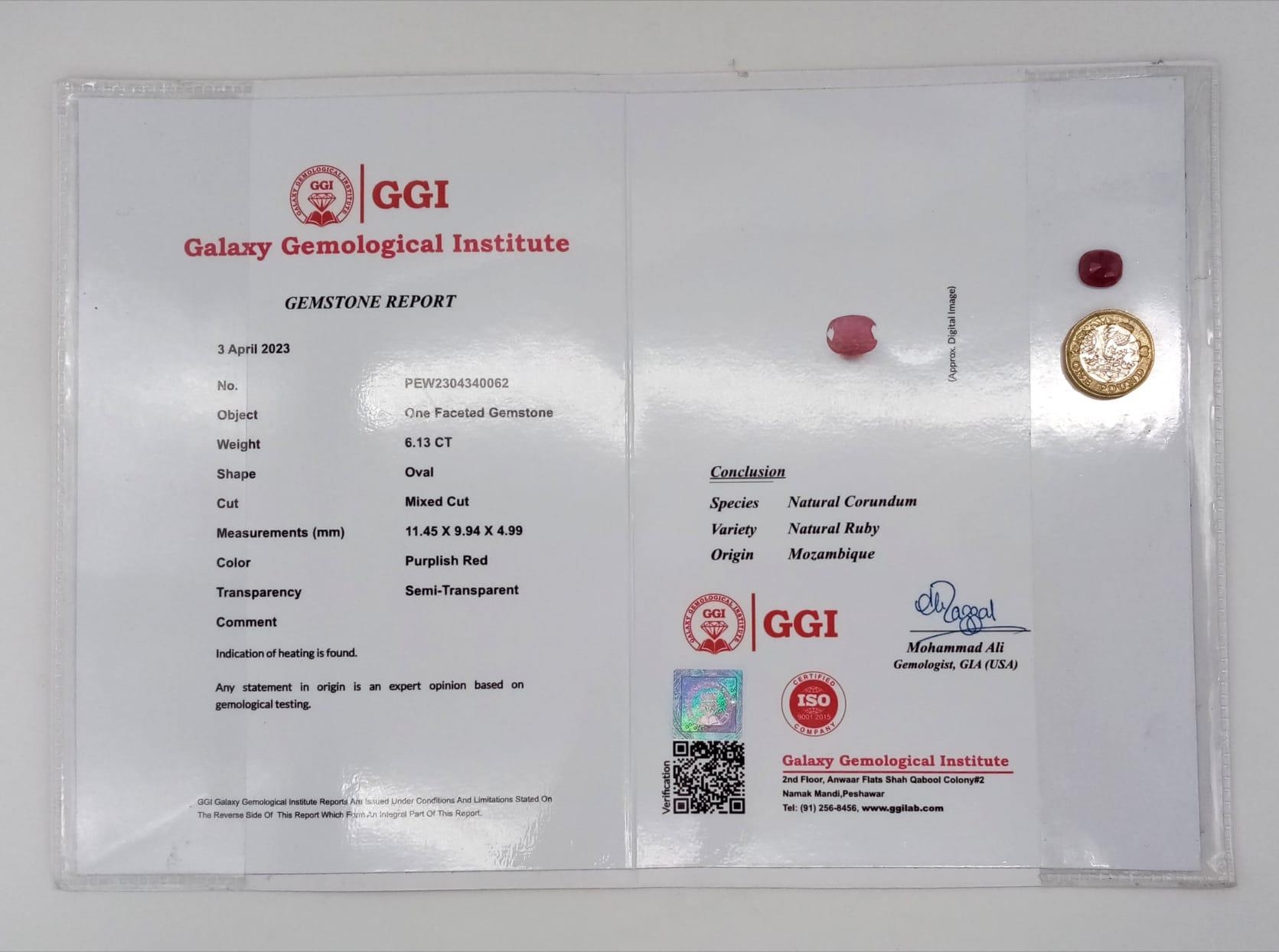 A Rare 6.13ct Natural Ruby from Mozambique. Heat treated and comes with a GGI certificate. - Image 4 of 4