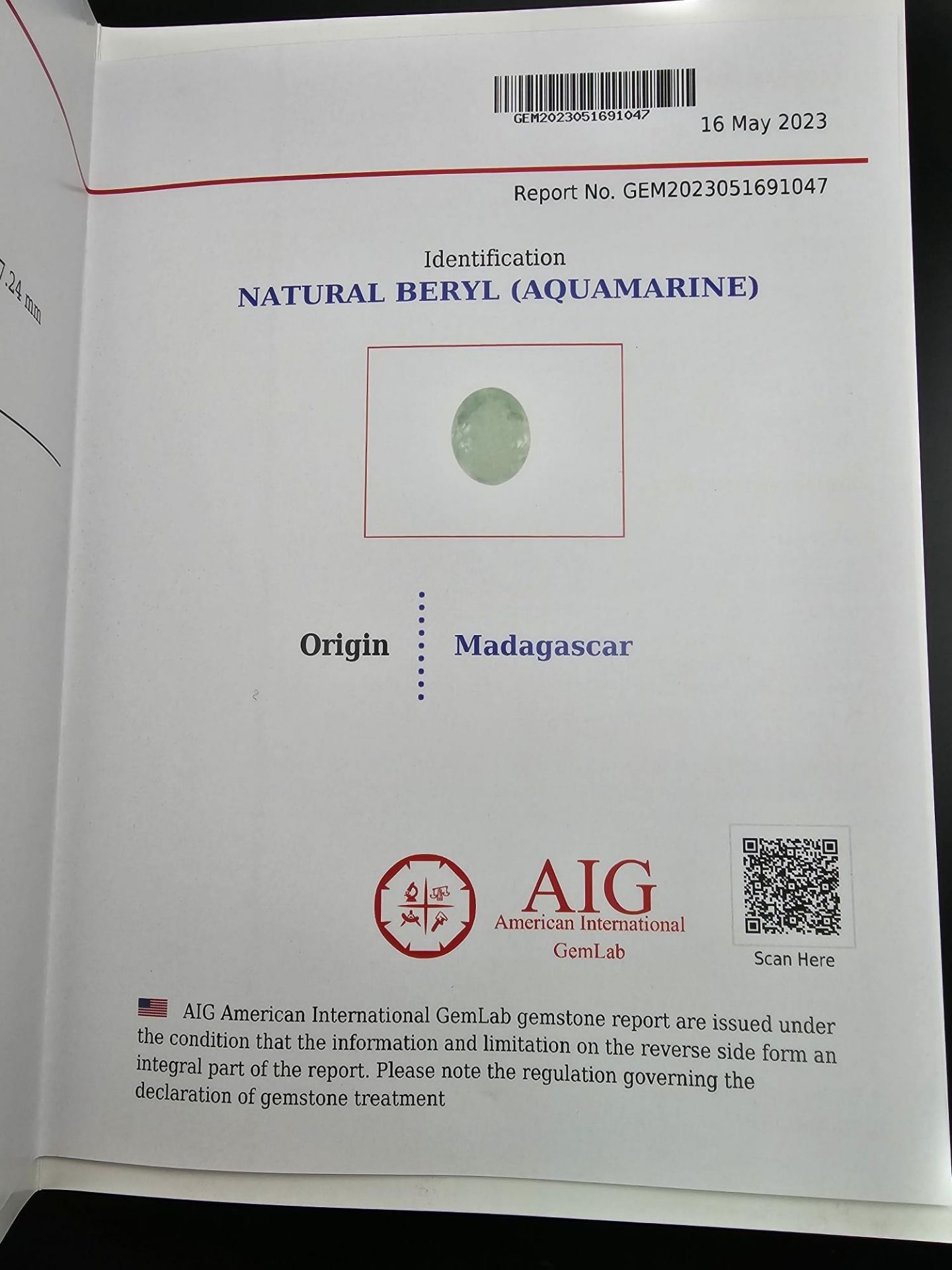 A 7.95ct Madagascan Aquamarine Gemstone. AGI American Lab Certified. - Image 5 of 6