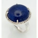 A Madagascan Round Cut Blue Sapphire 925 Silver Ring with Rose cut Diamond Surround. 10ct -