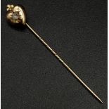 An Antique 9K Gold and Diamond Heart Stick Pin. 5cm.