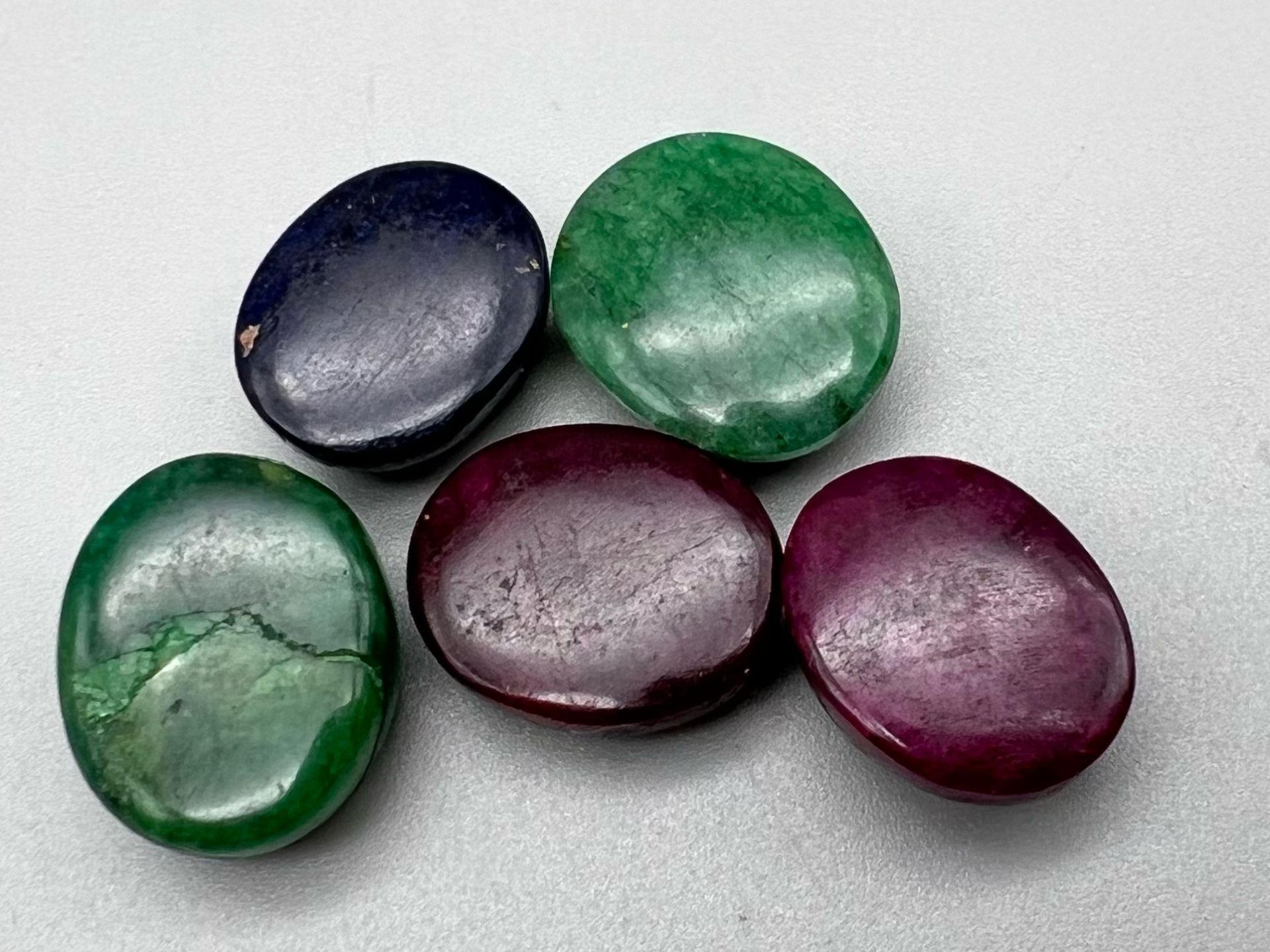 84.20 Ct mixed lot of 1 Cabochon Ruby, 2 Emerald & 2 Blue Sapphire Gemstones , GLI Certified