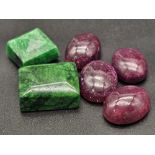 A 71.80ct of 6pcs Ruby & Emeralds Gemstones, in Mixed Cabochon Shapes.