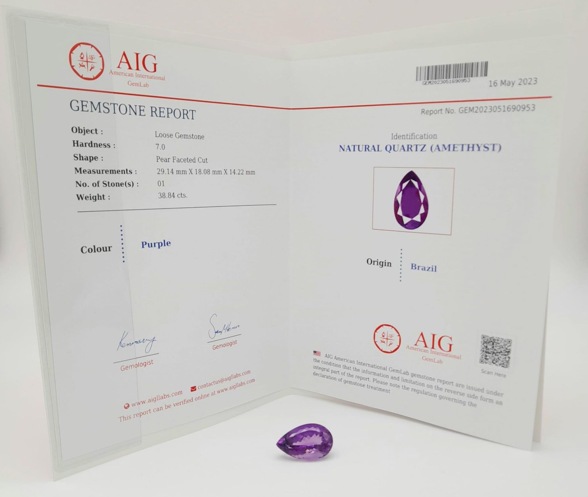 A 38.84ct Pear Shaped Brazilian Amethyst Gemstone. AIG American Gem Lab Certified. - Image 3 of 3