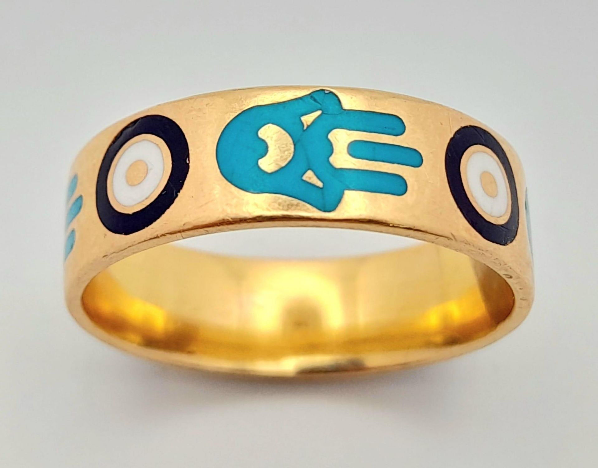 20K GOLD HAMSA HAND AND EVIL EYE DESIGN BAND RING 6.4G SIZE R