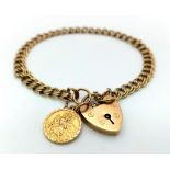 A Vintage 9K Yellow Gold Bracelet with Heart Clasp and St. Christopher Charm. 18cm. 9.6g total