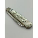 Antique SILVER BLADED FRUIT KNIFE Having beautifully carved mother of pearl handle. Clear hallmark