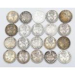 Twenty Pre 1920 British Silver Three-Pence Coins. Please see photos for finer details and