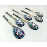Six silver gilt Russian cloisonné enamel decorated teaspoons with original case. A beautiful set