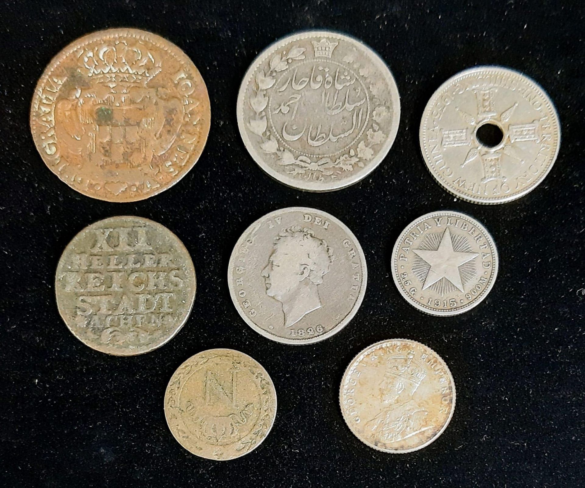 An Eclectic Mix of Eight Antique Foreign Silver and Copper Coins. Includes Persian and Cuban - Image 2 of 2