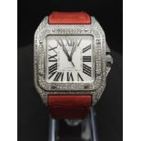 A Cartier Santos 100 Automatic Diamond Watch. Cartier leather strap. Large stainless steel case -