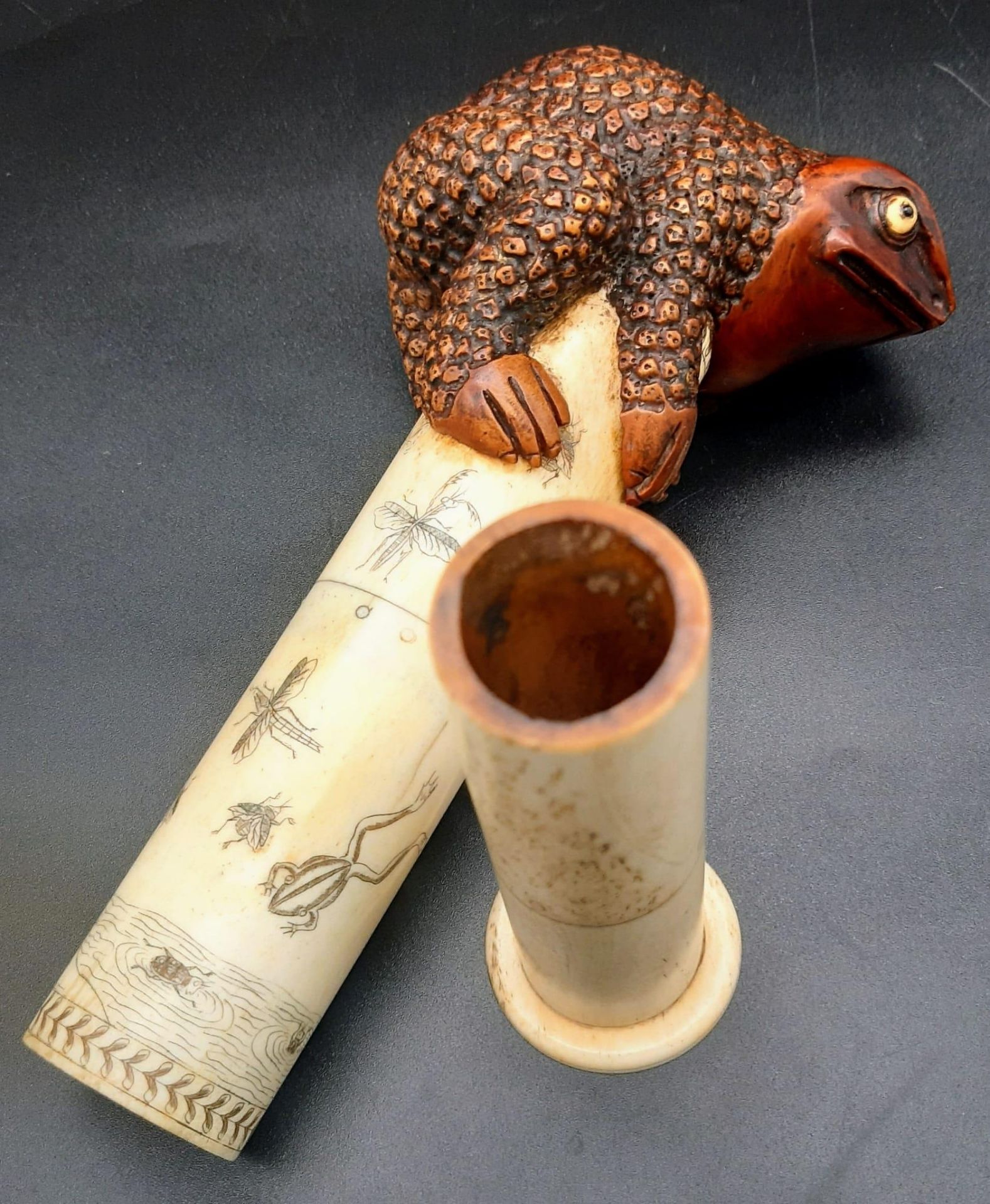 A Rare and Extraordinary Antique 19th Century Japanese Rootwood Warty Toad Scrimshaw Scroll - Image 6 of 7