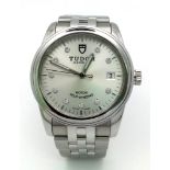 A "TUDOR GENEVE" AUTOMATIC WATCH IN STAINLESS STEEL , WITH DIAMOND NUMERALS , SILVERTONE DIAL AND
