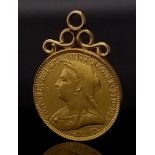 An 1894 Queen Victoria 22k Gold Full Sovereign with a 9K Gold Pendant Attachment. VF. 8.6g total