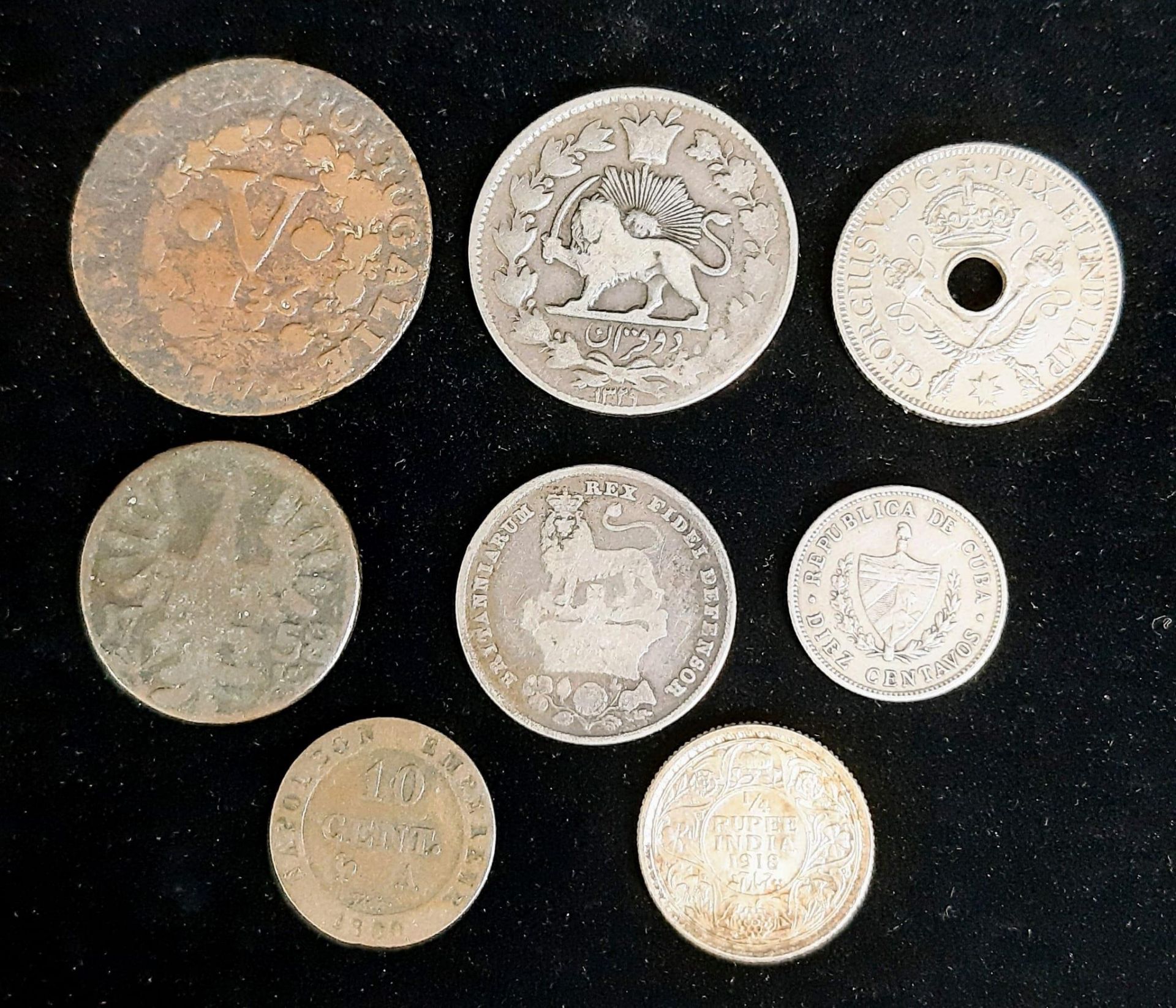An Eclectic Mix of Eight Antique Foreign Silver and Copper Coins. Includes Persian and Cuban