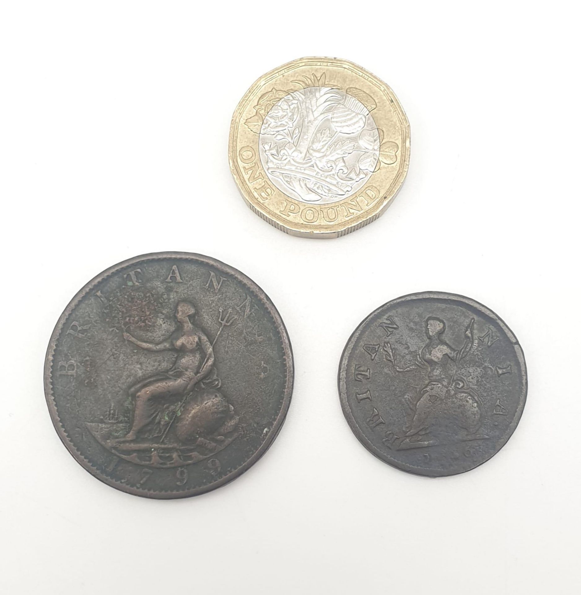 A George II 1747 Copper Farthing (NF) and a George III 1799 Copper One Pence Coin (NF). - Image 3 of 3