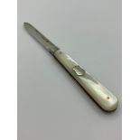 Antique SILVER BLADED FRUIT KNIFE having mother of pearl handle.13.5 cm with blade open.