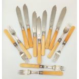 A Set of 13 Antique Sterling Silver Fish Knives and Forks. Bone handles. Hallmarks for Sheffield