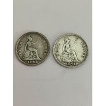 2 x SILVER GROATS (Four Pence pieces). Consecutive years 1842 and 1843. Condition very fine and